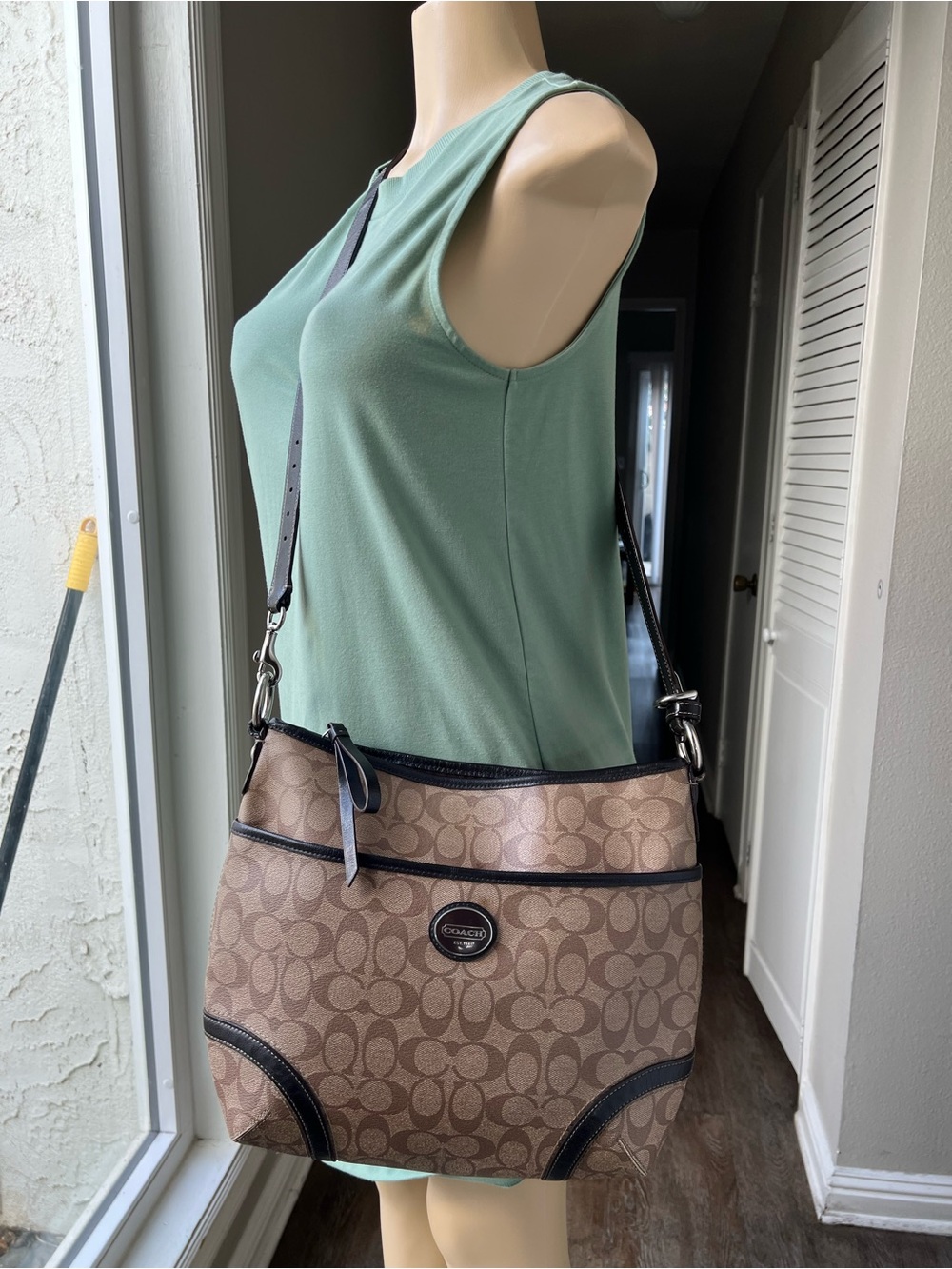 Coach Brown Monogram Crossbody Bag with Black Trim